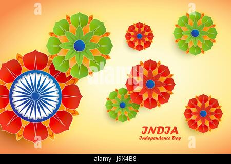 Felice Giorno Di Indipendenza in India. Il 15 di agosto. Indian Independence Day abstract sfondo con fiori e ashoka ruota per il tuo design Illustrazione Vettoriale