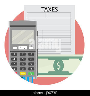 Icona di tassazione app piatta. Fiscale e contabile, moduli fiscali finanza, illustrazione vettoriale Foto Stock