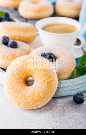 Le ciambelle con zucchero a velo, tazza di caffè e di mirtilli freschi su sfondo grigio chiaro. Messa a fuoco selettiva. Copia dello spazio. Foto Stock