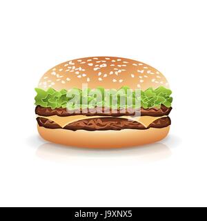 Fast Food popolare realistico Burger vettore. Foto realistiche illustrazione del doppio Cheeseburger isolati su sfondo bianco. Illustrazione Vettoriale