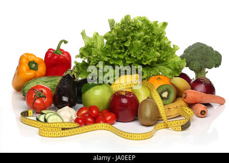 Banane, calorie, broccoli, antipasto, il centimetro, melanzana, Apple, arancione Foto Stock