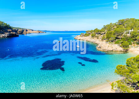 Vista della bellissima spiaggia di Cala Salada bay famosa per il suo azzurro mare cristallino acqua, isola di Ibiza, Spagna Foto Stock
