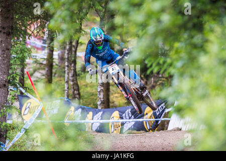 Fort William Scozia, Regno Unito 4 giugno 2017 UK Sport: South African Greg Minnaar di Santa Cruz Syndicate cruses a prendere la sua settima vittoria in Fort William UCI Mountain Bike World Cup, nonostante la pioggia che ha cominciato appena prima della sua esecuzione. Credito Tabner Ruben/Alamy Live News Foto Stock