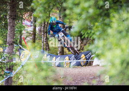 Fort William Scozia, Regno Unito 4 giugno 2017 UK Sport: South African Greg Minnaar di Santa Cruz Syndicate cruses a prendere la sua settima vittoria in Fort William UCI Mountain Bike World Cup, nonostante la pioggia che ha cominciato appena prima della sua esecuzione. Credito Tabner Ruben/Alamy Live News Foto Stock