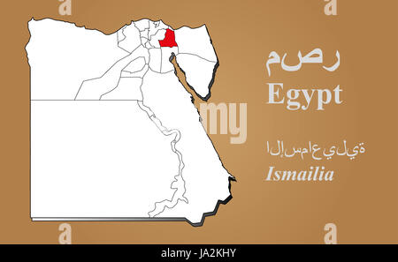 Ägyptische Landkarte in 3D auf braunem Hintergrund. Ismailia hervorgehoben. Egitto mappa in 3D su sfondo marrone. Ismailia evidenziata. Foto Stock
