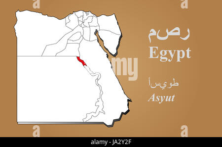 Ägyptische Landkarte in 3D auf braunem Hintergrund. Asyut hervorgehoben. Egitto mappa in 3D su sfondo marrone. Asyut evidenziata. Foto Stock