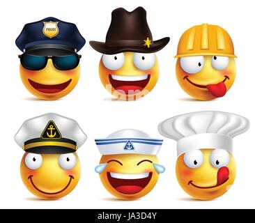 Smiley face set di vettore di professioni con cappelli come polizia, marittimo, lo chef e il lavoratore edile isolato in uno sfondo bianco. Illustrazione Vettoriale. Illustrazione Vettoriale