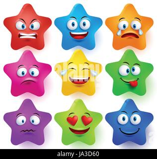 Star vettore facce impostato con i colori e le espressioni del viso e delle emozioni diverse isolato in uno sfondo bianco. Illustrazione Vettoriale. Illustrazione Vettoriale