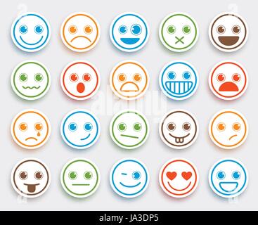 Smiley emoticon vettore impostato nel piatto bianco adesivo icone con colorati funny emozioni ed espressioni facciali. Illustrazione Vettoriale. Illustrazione Vettoriale