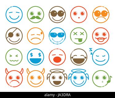 Smiley emoticon icone vettoriali impostato in linea piana tasto cerchio colorato con espressione facciale in sfondo bianco. Illustrazione Vettoriale. Illustrazione Vettoriale