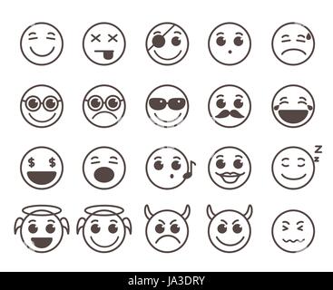Smileys facce piane vettore di linea di set di icone con divertenti espressioni facciali in cerchio nero isolato in uno sfondo bianco. Illustrazione Vettoriale. Illustrazione Vettoriale