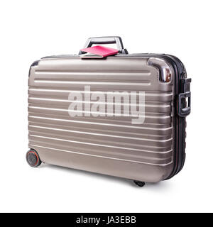 Valigia e passaporto isolati su sfondo bianco percorso di clipping incluso. Business travel concept Foto Stock