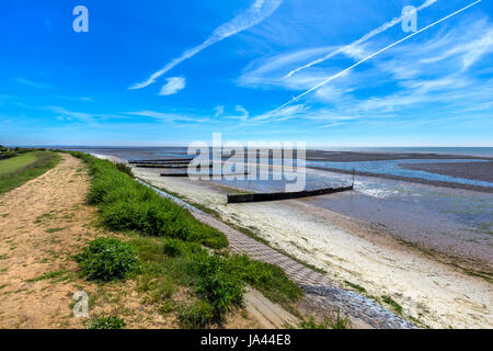 La spiaggia di sabbia a EAST MERSEA, Essex Foto Stock