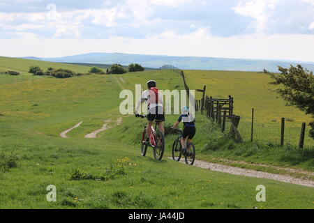 Vista posteriore di due ciclisti sulla South Downs modo vicino Ditchling nel Sussex Foto Stock