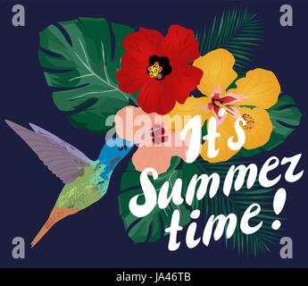 Illustrazione vettoriale di è ora estiva con fiori tropicali e uccelli Illustrazione Vettoriale