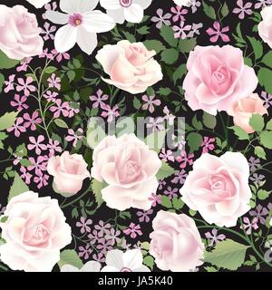 Floral seamless pattern. graden bouquet di fiori. Sfondo nero elegante giardino decor fioriscono Illustrazione Vettoriale