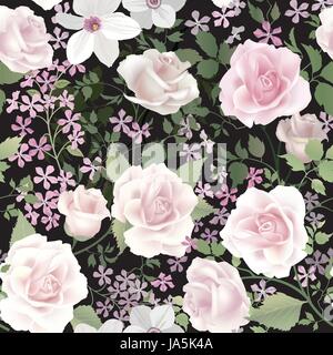 Floral seamless pattern. graden bouquet di fiori. Sfondo nero elegante giardino decor fioriscono Illustrazione Vettoriale