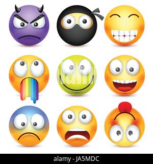 Set di smiley. Diavolo, felice,scared,triste emoticon. Faccia gialla con le emozioni. L'espressione del viso. 3D realistici gli Emoji. Divertente personaggio dei fumetti.L'umore. Icona del Web. Illustrazione Vettoriale. Illustrazione Vettoriale