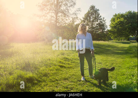 Una Donna vestita di bianco cammina il suo piccolo cane nero in un parco di Londra al tramonto in estate Foto Stock