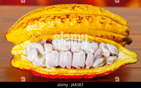 In prossimità di una fresca le fave di cacao in un cacao Cialde sul tavolo di legno Foto Stock