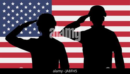 Silhouette soldati americani salutate sulla bandiera degli Stati Uniti Illustrazione Vettoriale