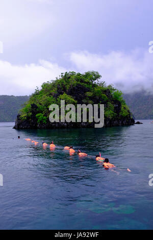 La gente lo snorkeling a Siete Pecados parco marino vicino all'isola di Coron nelle isole Calamian nel nord di Palawan Filippine Foto Stock