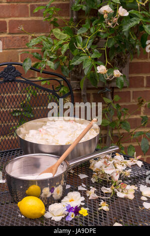 Preparare gli ingredienti per la confettura di rose in casa. Materie petali di fiori in vaso Foto Stock