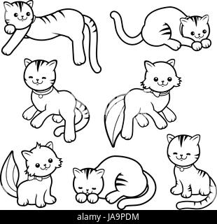 Grazioso set per gatti, collezione di scarabocchi per gattini in bianco e nero. Set di animali domestici di gatto cartoni animati in diverse pose e razze. Illustrazione vettoriale Illustrazione Vettoriale