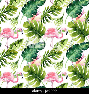 Tropical isolato seamless pattern con flamingo. Acquerello tropic disegno, uccello rosa e verde Palm tree, tropic texture verde, fiori esotici. Al Foto Stock