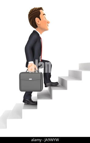 3d uomo d affari di andare al piano di sopra, illustrazione isolato con sfondo bianco Foto Stock