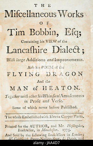 Letteratura, 1775 pagina titolo di Tim Rocca, Lancashire dialetto libro di John Collier, incisione illustrazione Foto Stock