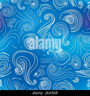 Abstract sfondo bianco con volute nel blu del mare modello senza giunture Illustrazione Vettoriale