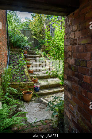 Un vecchio cortile giardino con gradini in pietra. Foto Stock