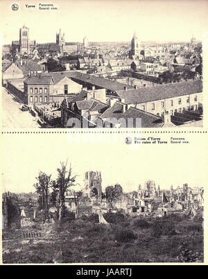 La Prima guerra mondiale la distruzione di artiglieria di Ypres - Prima e dopo le immagini pubblicate 1920; Panorama di rovine Foto Stock