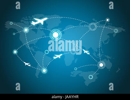 Aeroplano percorsi sulla mappa del mondo Foto Stock
