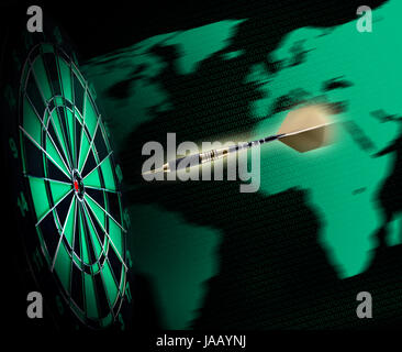 Colpo di freccette in bullseye su dartboard Foto Stock