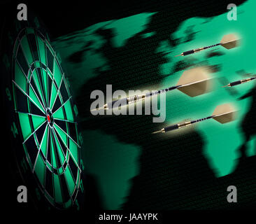 Colpo di freccette in bullseye su dartboard Foto Stock