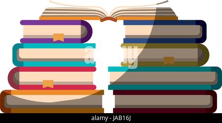 Colorate realistica immagine ombreggiatura di pila di libri con il libro aperto nella parte superiore Illustrazione Vettoriale