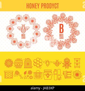 Set di icone un apiario e apicoltura in uno stile lineare. Illustrazione Vettoriale