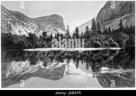 Una incisione di Mirror Lake, il Parco Nazionale di Yosemite Valley scansionati ad alta risoluzione da un libro stampato nel 1872. Ritiene copyright free. Foto Stock