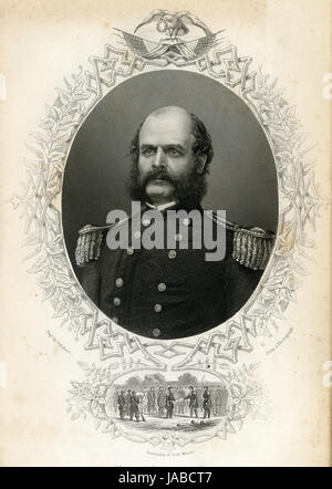 Antique c1860 incisione, Ambrose Burnside. Ambrogio Everett Burnside (1824-1881) era un soldato americano, railroad executive, inventore, industriale e politico dal Rhode Island, che serve come governatore e un senato degli Stati Uniti. Fonte: incisione originale. Foto Stock