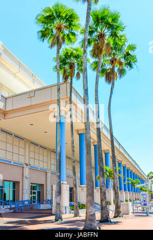 Vista la singolare rosa pallido con colonne blu al Tampa Convention Center building lungo il fronte mare del fiume Hillsborough in Tampa, FL Foto Stock