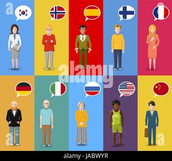 Un sacco di personaggi colorati con il discorso di bolle con diversi paesi bandiere nel piatto di stile design Illustrazione Vettoriale