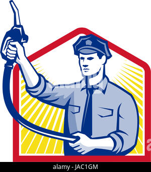 Illustrazione di carburante benzina jockey attendant lavoratore con pompa carburante ugello fatto in stile retrò. Foto Stock