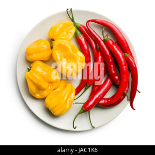 Vista superiore del peperoncino habanero e sulla piastra su sfondo bianco Foto Stock