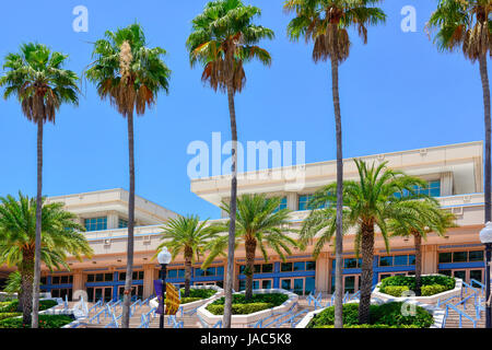 Vista la singolare rosa pallido con colonne blu al Tampa Convention Center building lungo il fronte mare del fiume Hillsborough in Tampa, FL Foto Stock