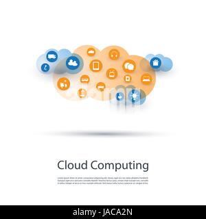 Il Cloud Computing, IoT, IIoT, Networking, la tecnologia del futuro concetto di sfondo, Creative Design Modello con icone, Cloud, forma una maglia a filo - Vettore Illustrazione Vettoriale