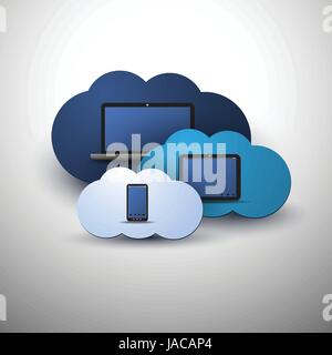 Abstract colorato il Cloud Computing Concept Design con i computer portatili collegati al Global Network Cloud - Modello di telecomunicazione per il business Illustrazione Vettoriale