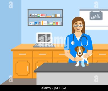 Medico Veterinario detiene il cane sul lettino in clinica veterinaria. Vettore illustrazione del fumetto. Animali domestici health care sfondo. Animali domestici il trattamento Illustrazione Vettoriale