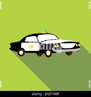 Auto della Polizia e la relativa icona. Illustrazione piana di auto della polizia icona vettore per il web isolato su sfondo verde Illustrazione Vettoriale